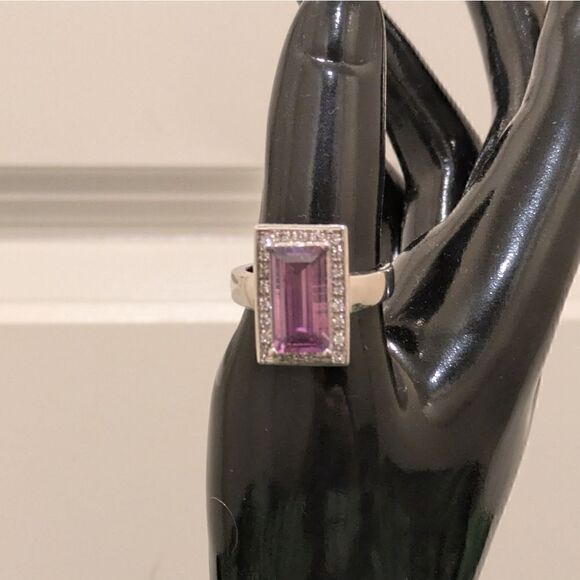 Size 10 Silver Plated Ring with Huge Purple Cubic Zirconia and Faux Diamonds - Picture 3 of 7